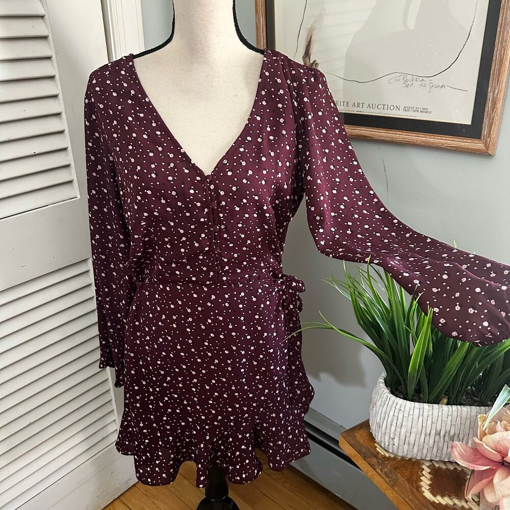 ABERCROMBIE FITCH Womens Dress Long Sleeve Burgundy Mini Wrap Floral LARGE